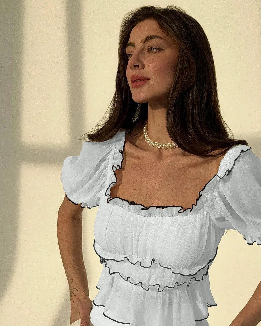 White Chiffon Square Neck Tiered Ruffle Top With Black Trim
