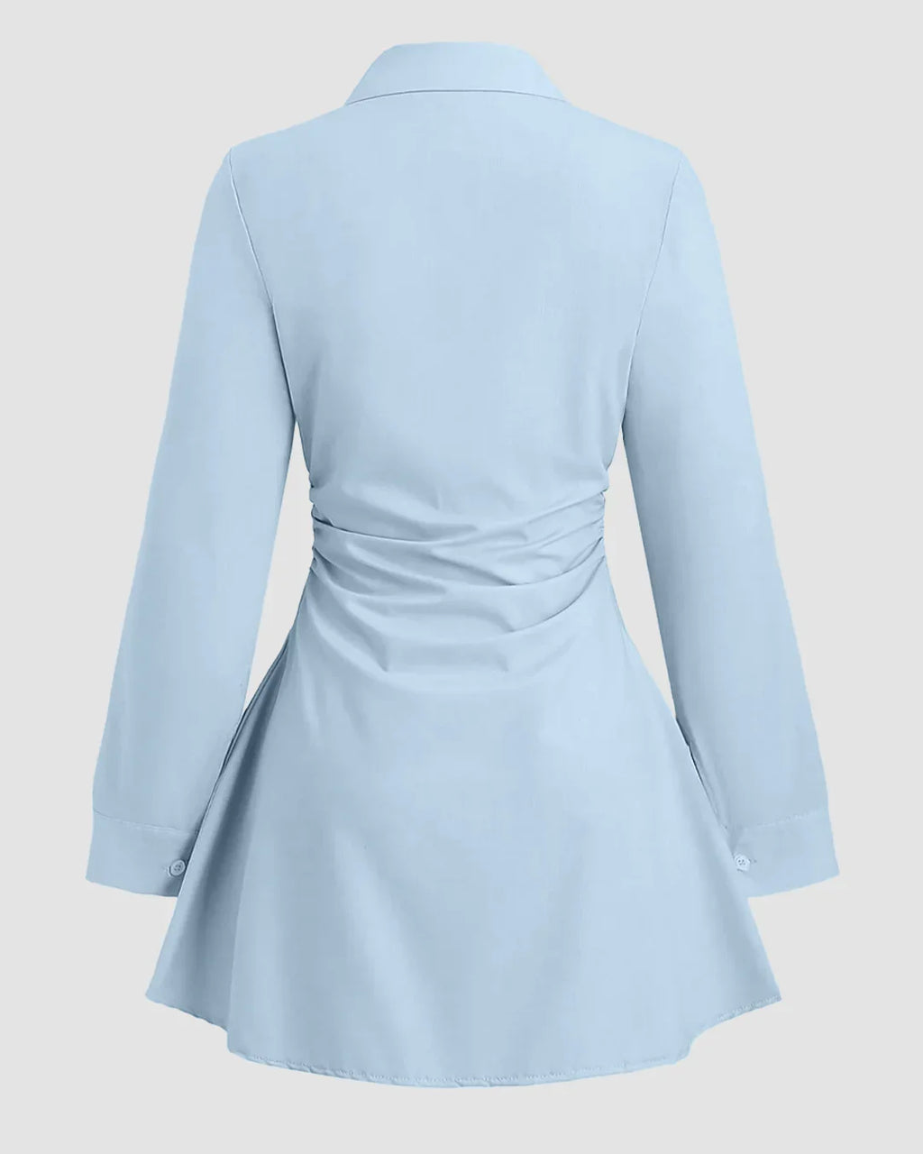 Sky Blue Ruched Shirt Dress with Long Sleeves