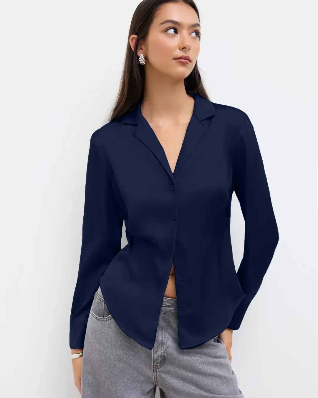 Navy Blue Satin Collared Full Sleeve Shirt