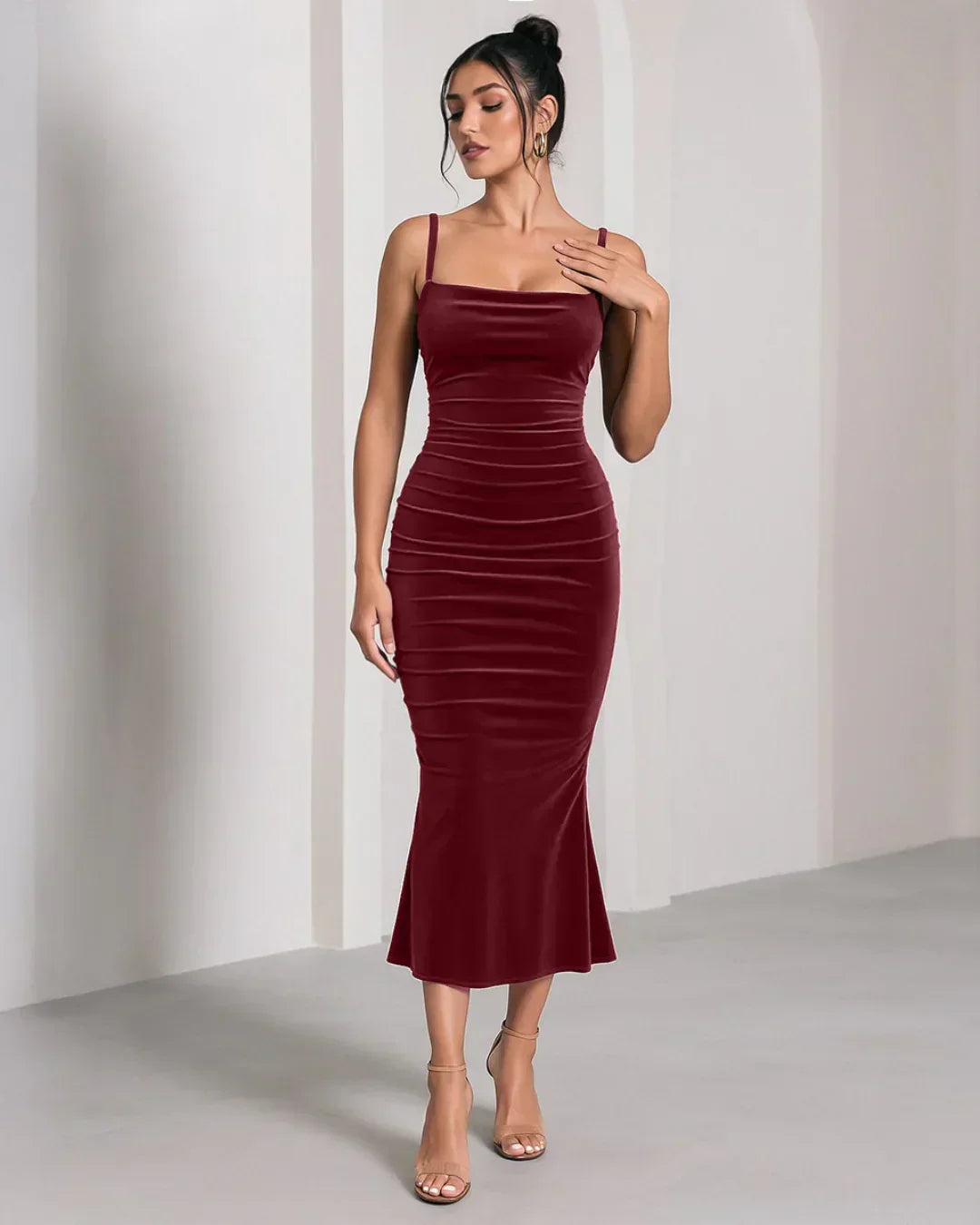 Rose Color Spaghetti Strap Ruched Mermaid Dress