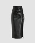 High Waist Drawstring Split Black Maxi Skirt