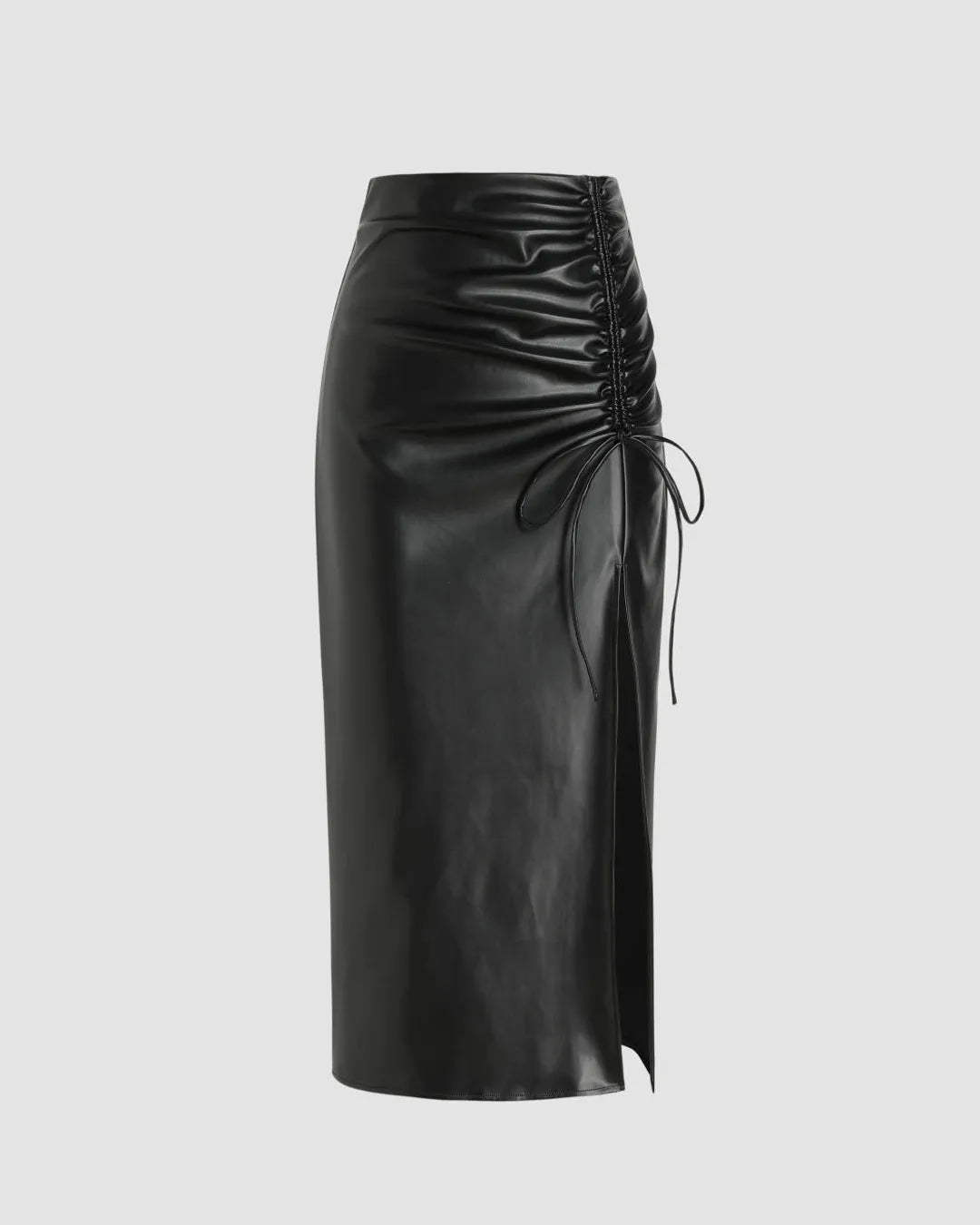 High Waist Drawstring Split Black Maxi Skirt