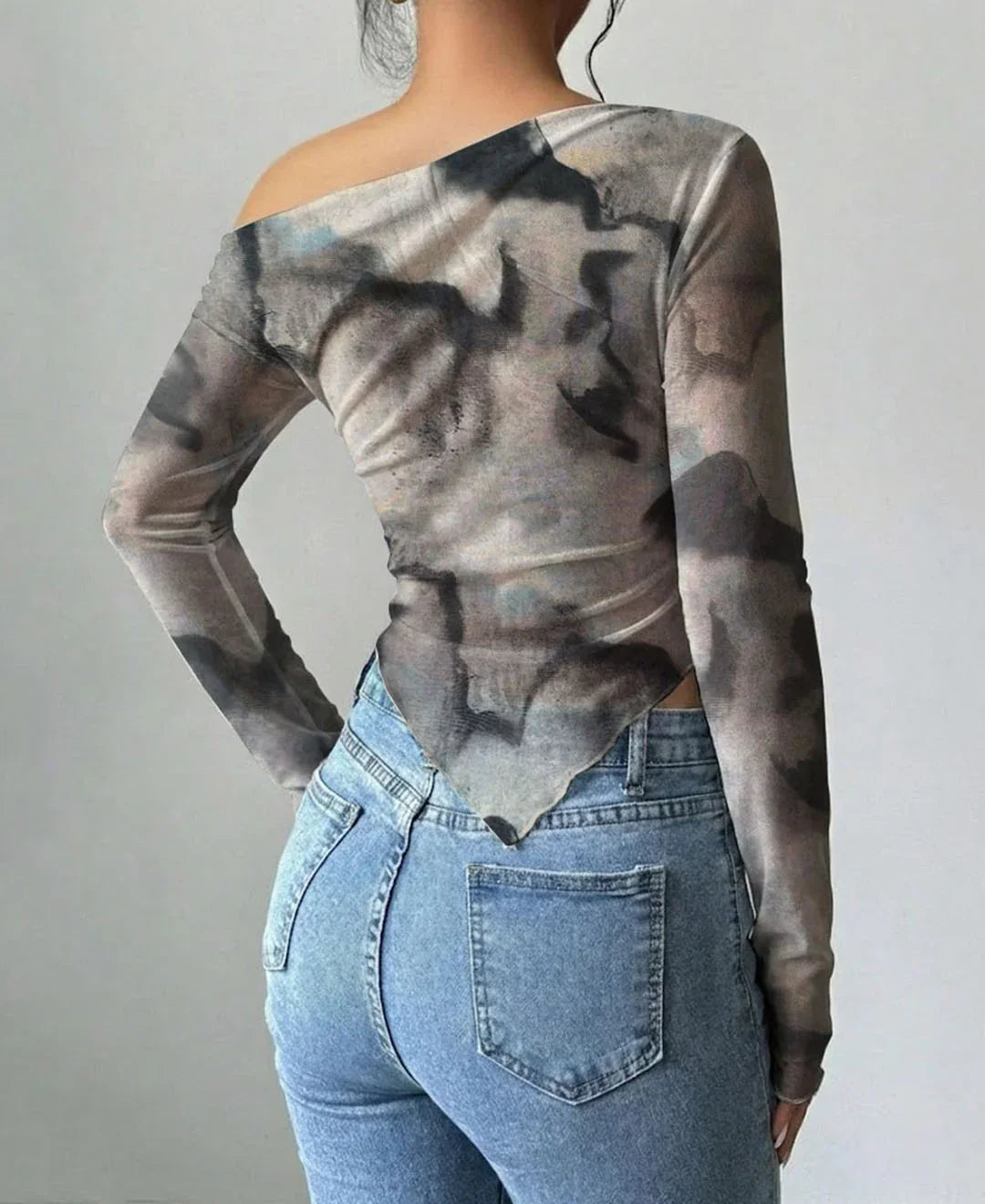 Abstract Print Asymmetrical Neck Long Sleeve Fitted Top