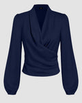 Navy Blue Draped V-Neck Full Sleeve Top