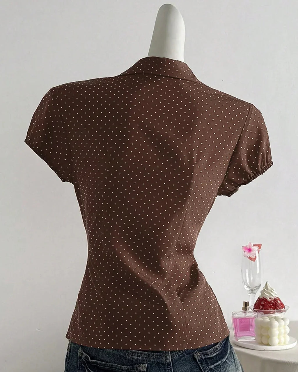 Brown Polka Dot Button Down Collared Top