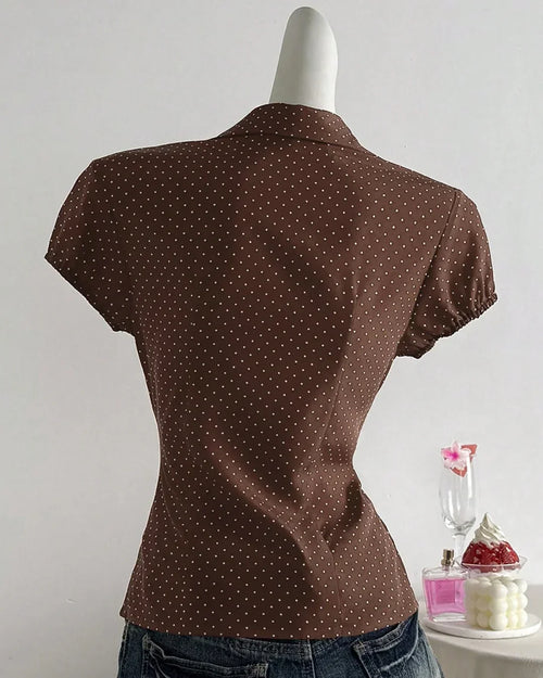 Brown Polka Dot Button Down Collared Top