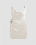 Satin Cowl Neck Solid Knotted Zipper Mini Dress Curve & Plus