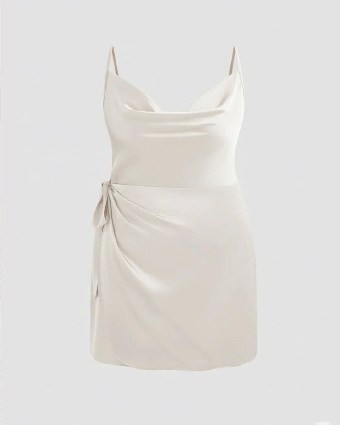 Satin Cowl Neck Solid Knotted Zipper Mini Dress Curve & Plus