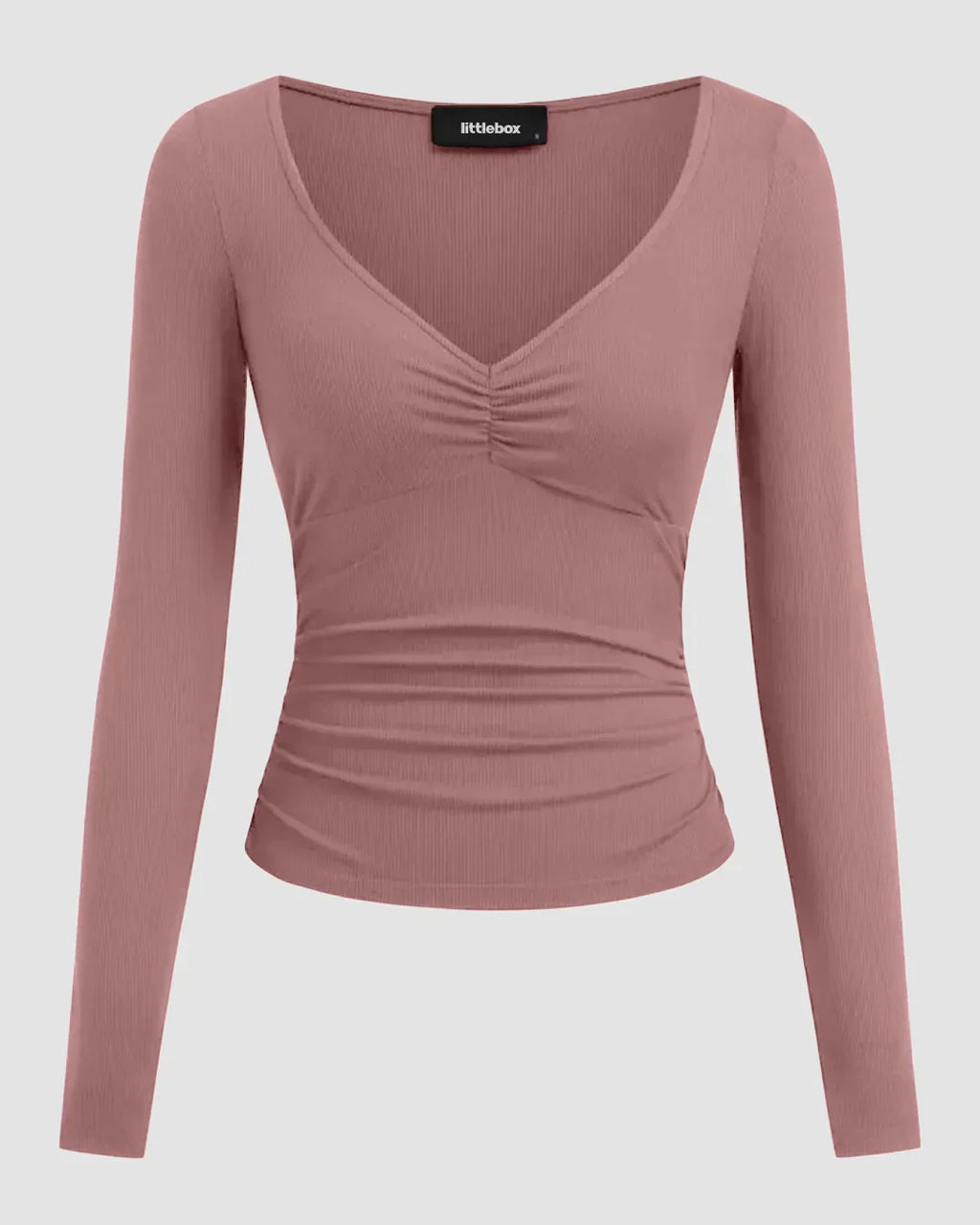 Ruched V-Neck Full Sleeve Top in Dusty Pink