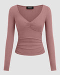 Ruched V-Neck Full Sleeve Top in Dusty Pink