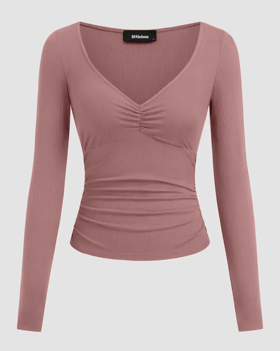 Ruched V-Neck Full Sleeve Top in Dusty Pink