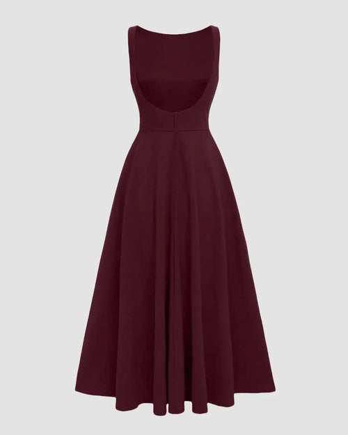 Boat Neck A-Line Solid Sleeveless Maxi Dress Maroon