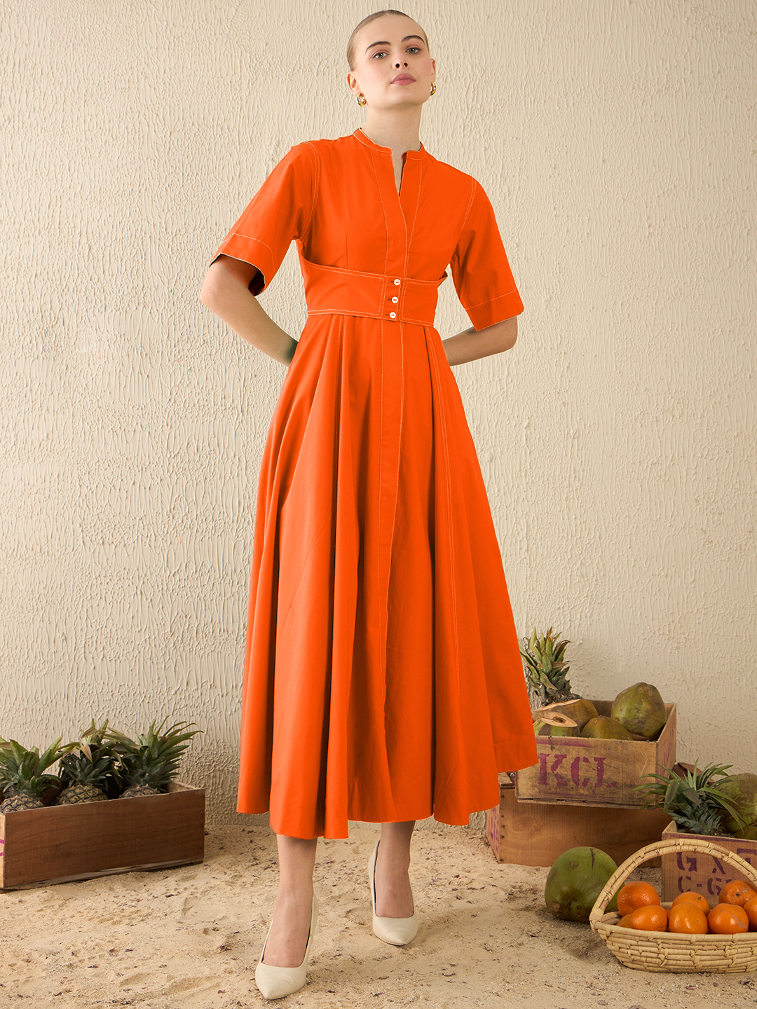 Corset Panelled Cotton Midi Dress - Pinkkup