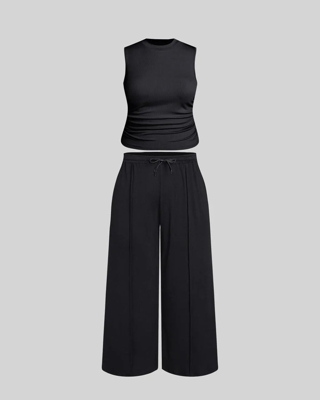 Ruched Tank Top And Elastic Waist Tie Black Set Curve & Plus