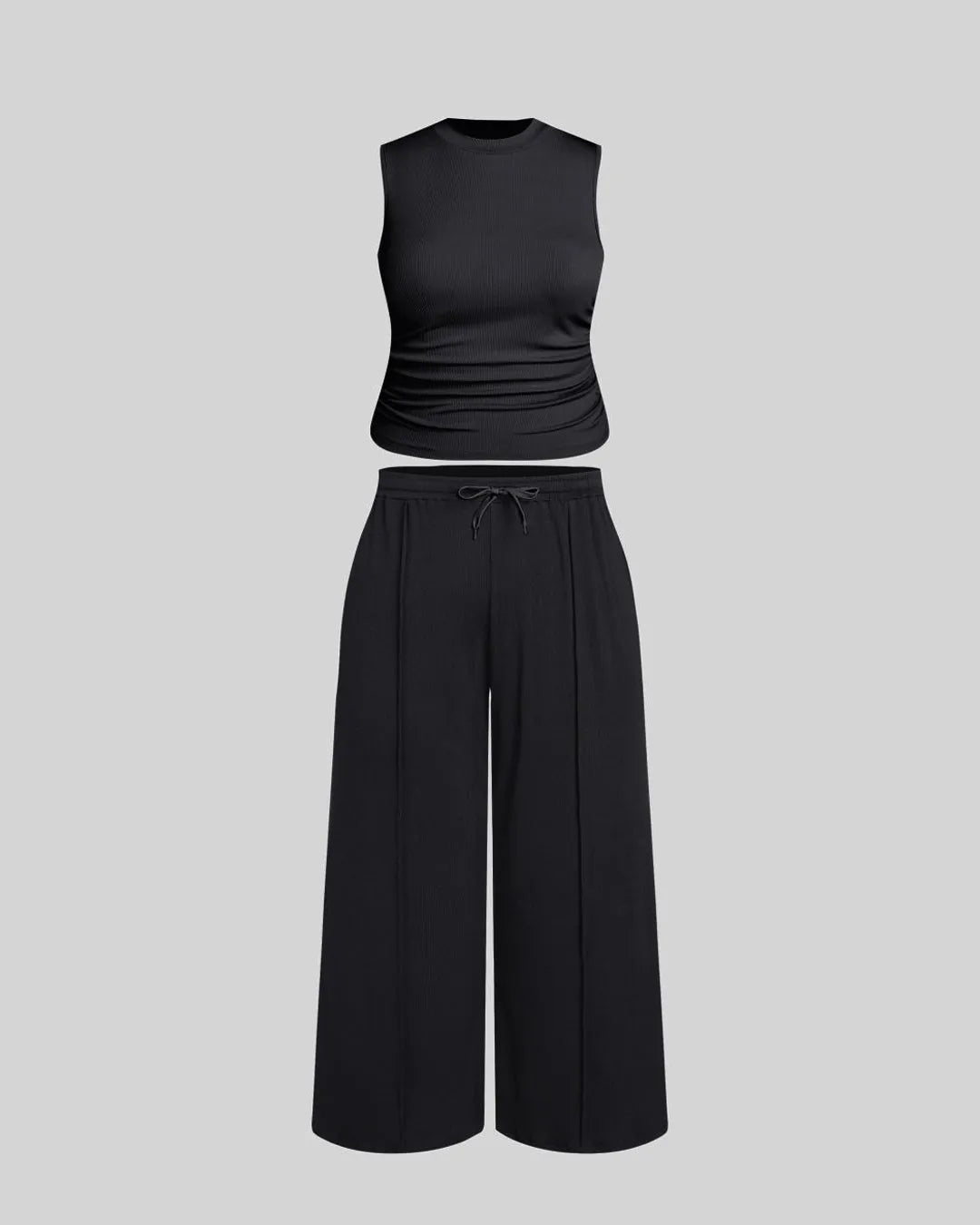 Ruched Tank Top And Elastic Waist Tie Black Set Curve & Plus