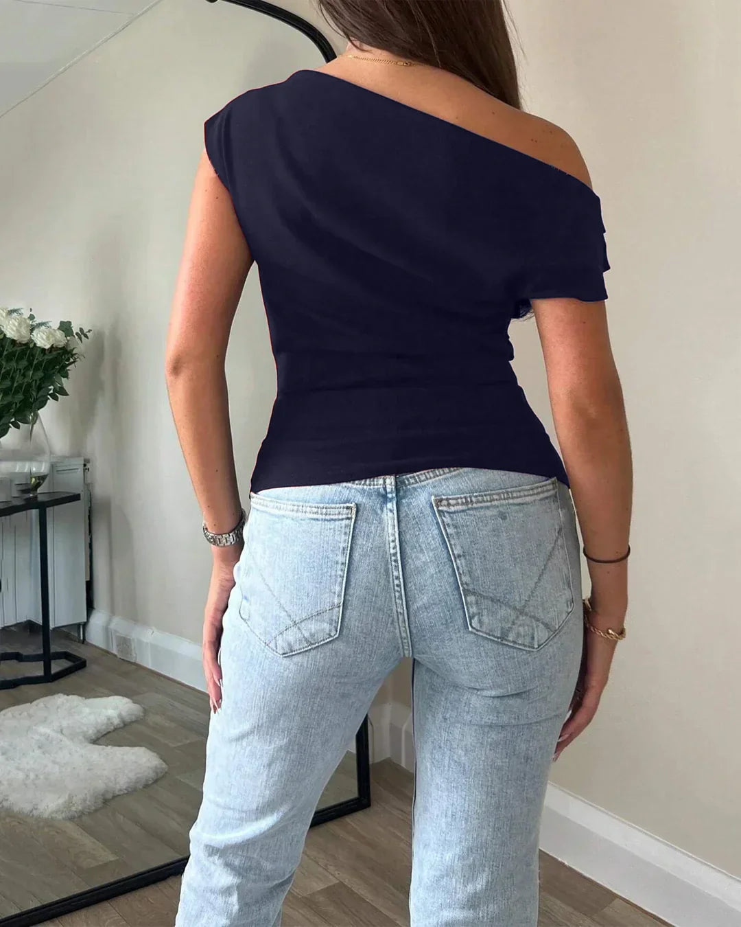 One Shoulder Ruched Asymmetrical Top in Dark Navy Blue