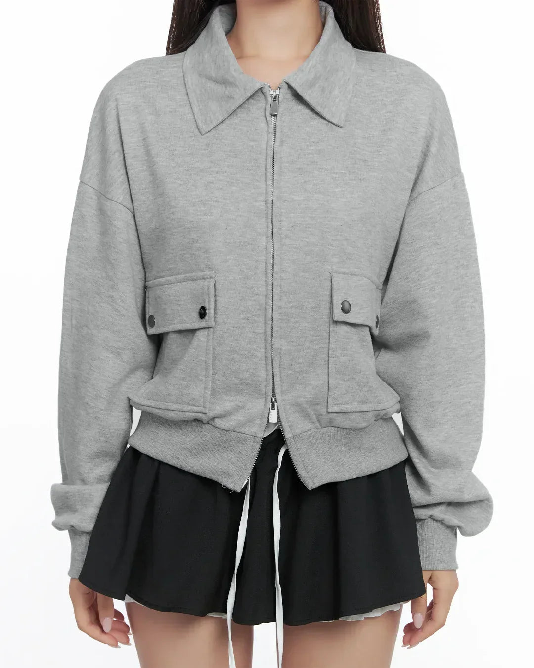 Mélange Zip Up Collar Long Sleeve Jacket with Front Pockets