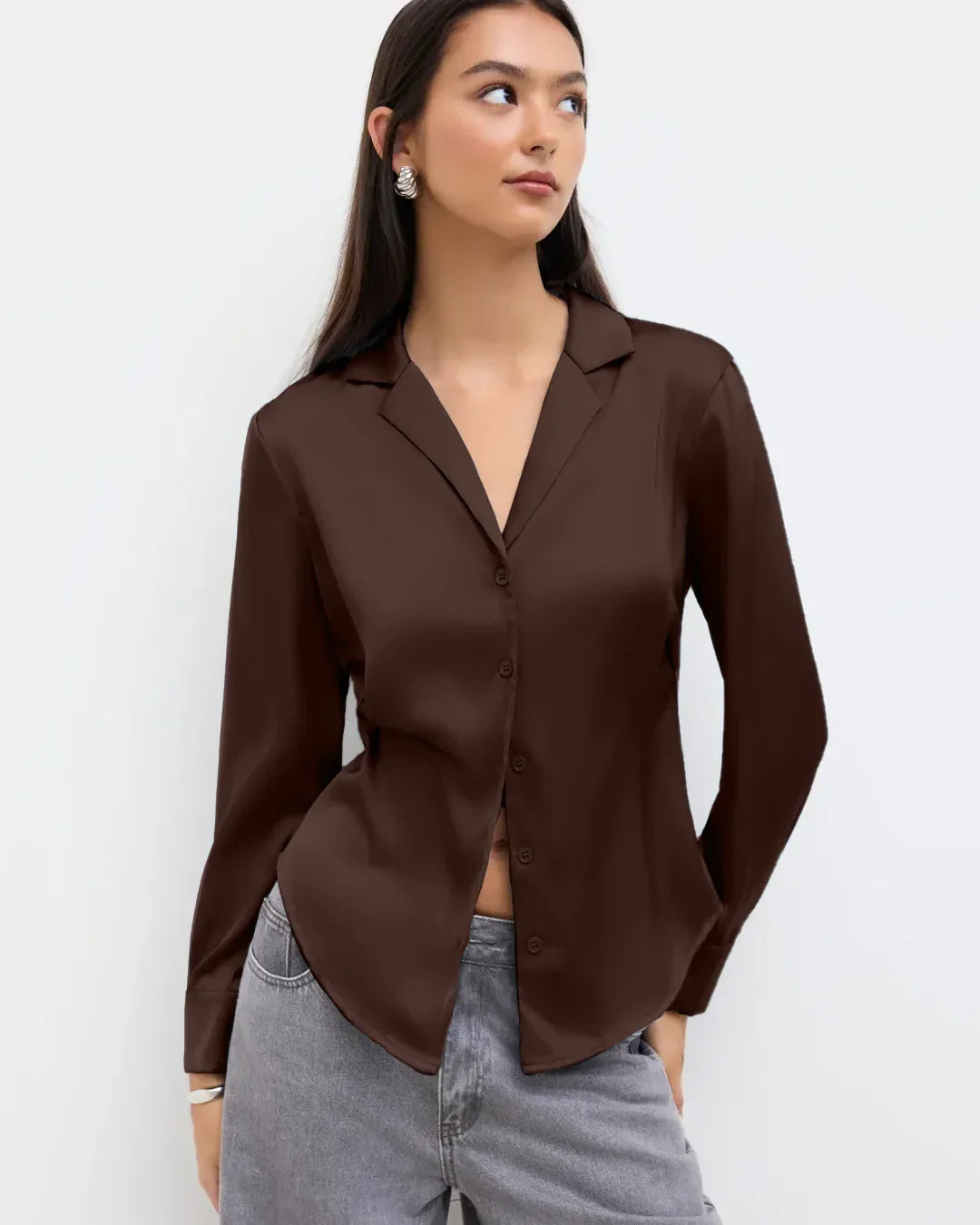 Satin Collared Button Down Full Sleeve Shirt in Brown