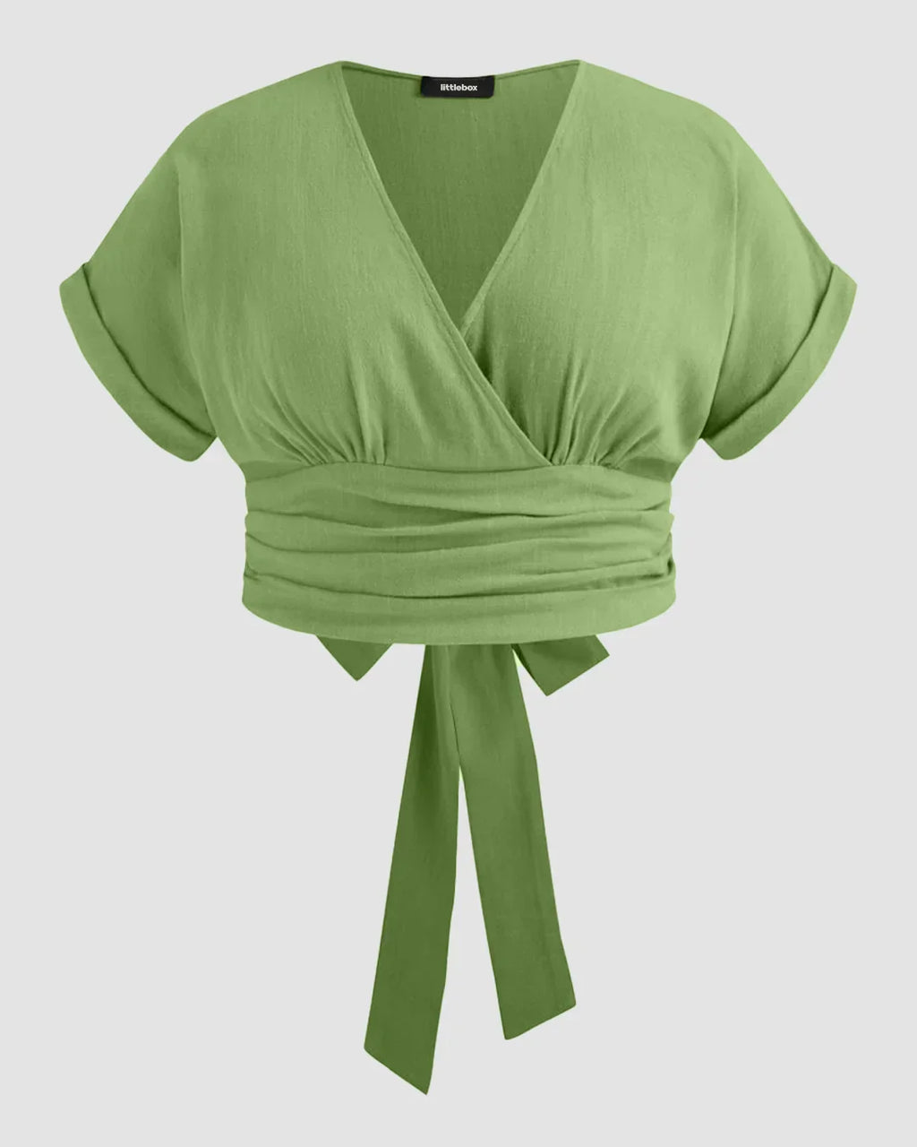 Linen-Blend V-neck Wrap Knotted Roll-up Sleeve Crop Top Curve & Plus  in Light Pista