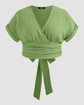 Linen-Blend V-neck Wrap Knotted Roll-up Sleeve Crop Top Curve & Plus  in Light Pista