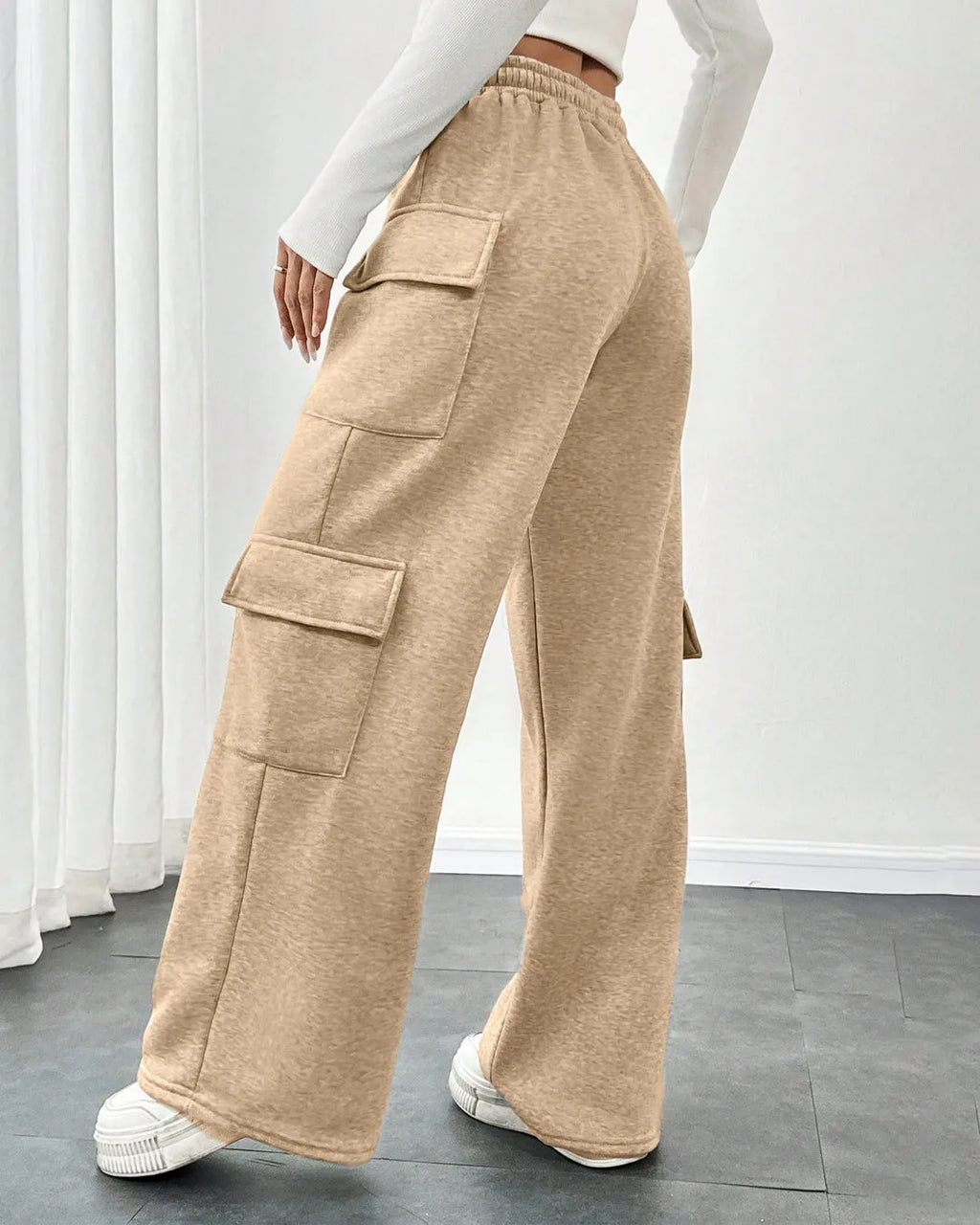 Minimal Brown Women's Cargo Trousers With Side Pockets and Drawstring Waist