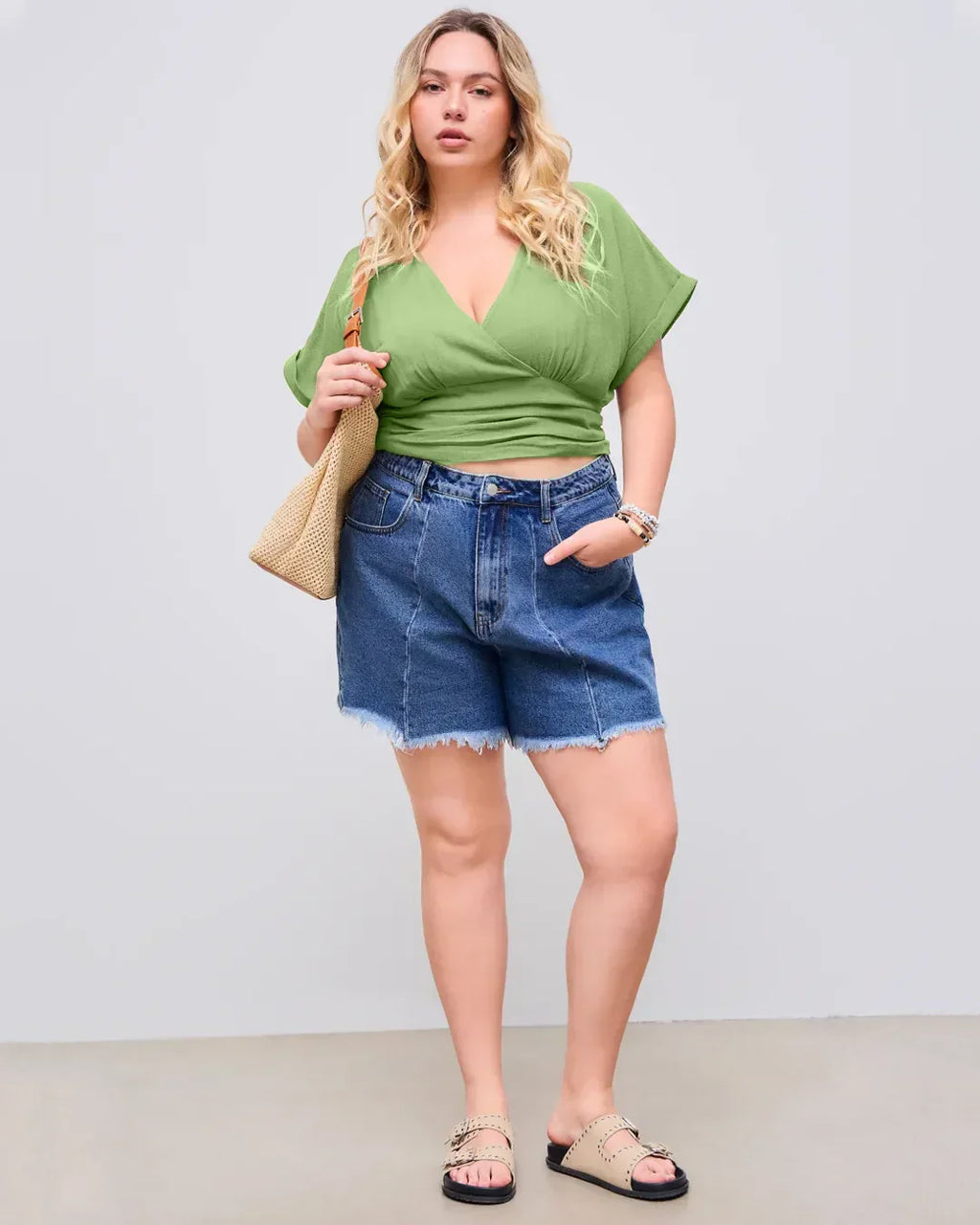 Linen-Blend V-neck Wrap Knotted Roll-up Sleeve Crop Top Curve & Plus  in Light Pista