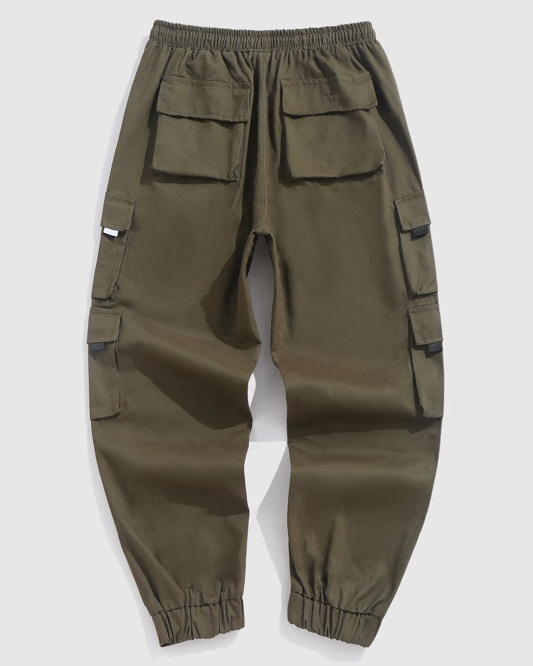 Men Streetwear Multi-Pocket Drawstring Beam Feet Olive Green Cargo Pants