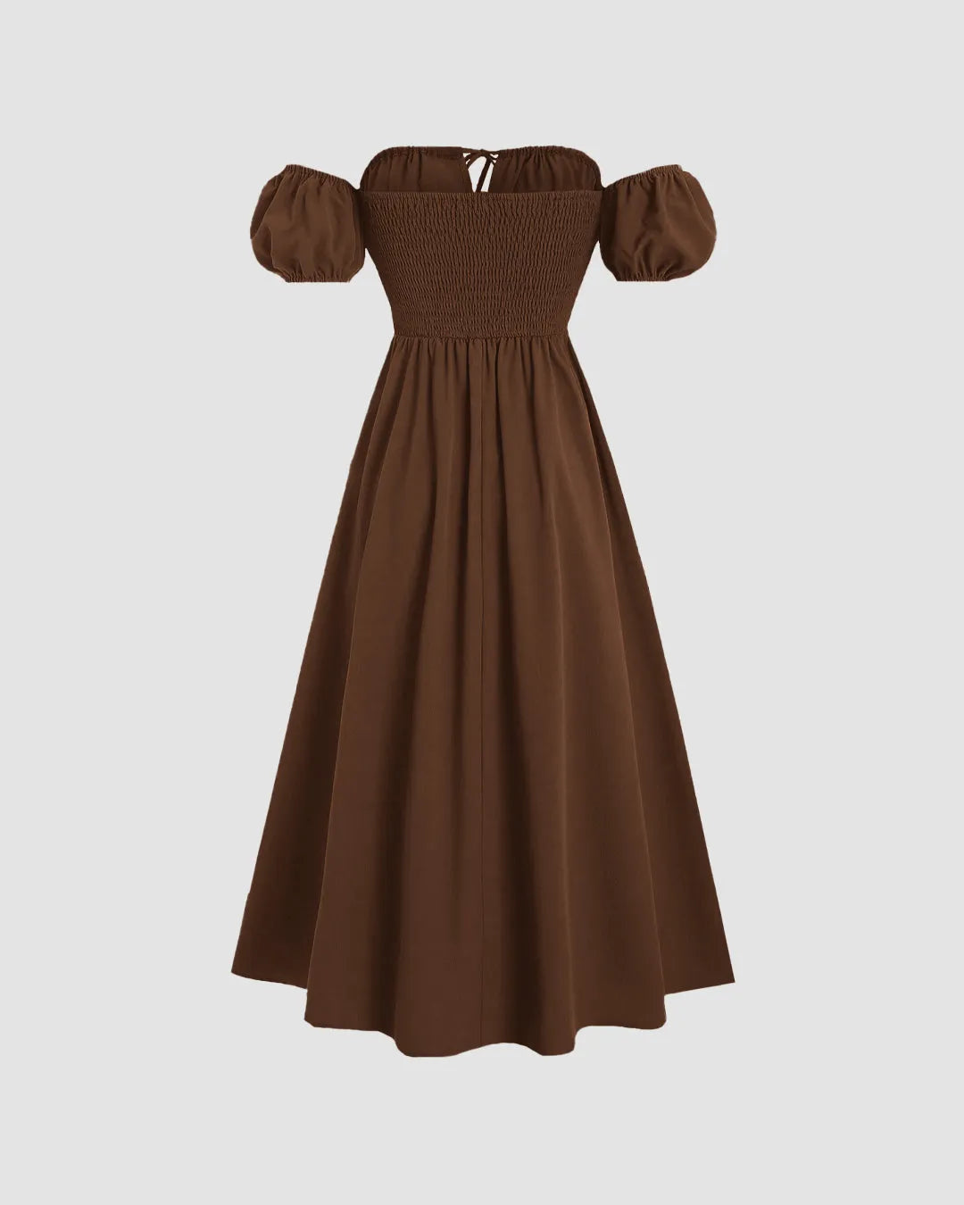 Off-Shoulder Puff Sleeve Solid Color Cinched Maxi Dress In English Brown