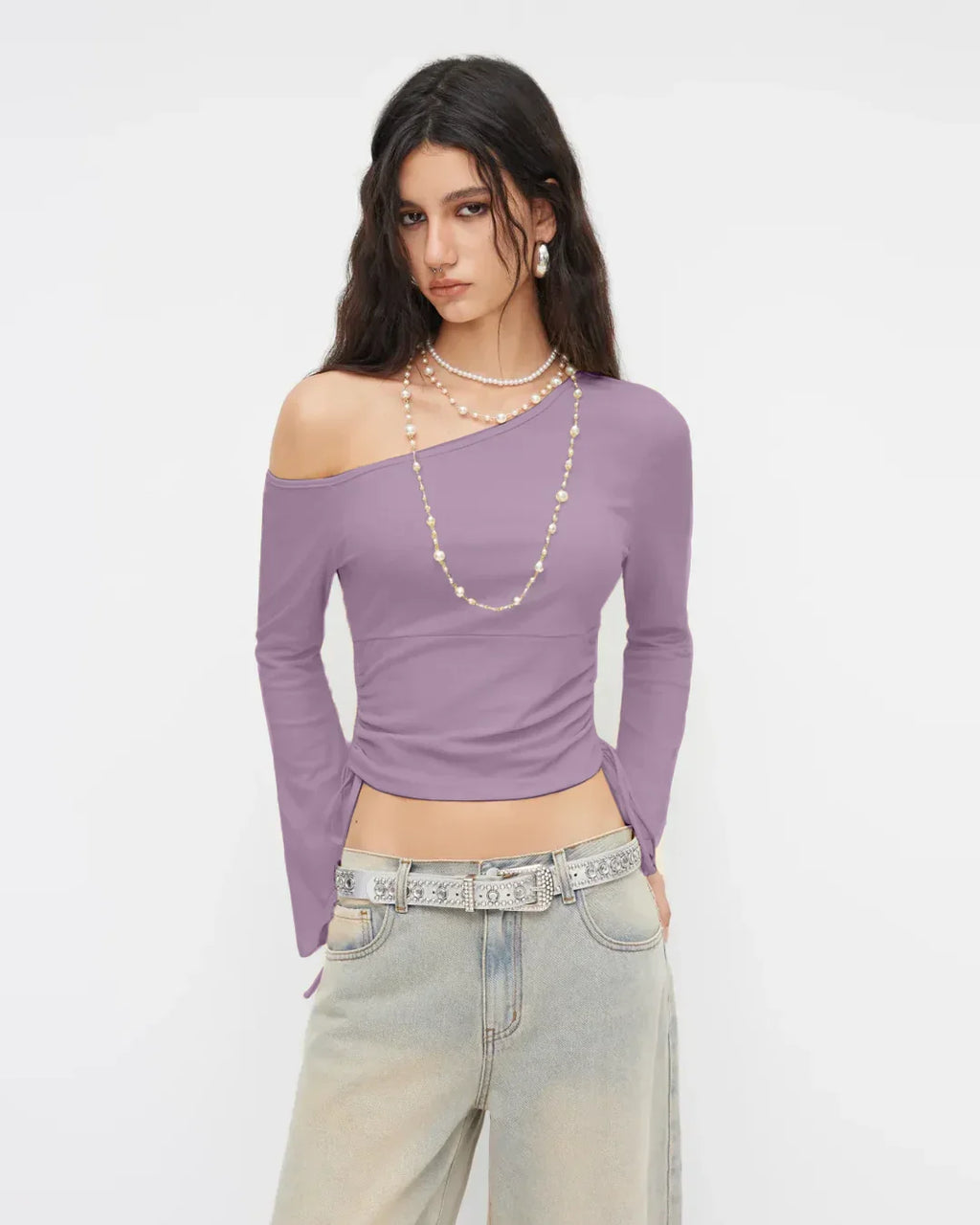One Shoulder Ruched Asymmetric Full Sleeve Top in Lilac