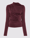 Ruched Zipper Asymmetry Neck Long Sleeve Top In Cherry Red