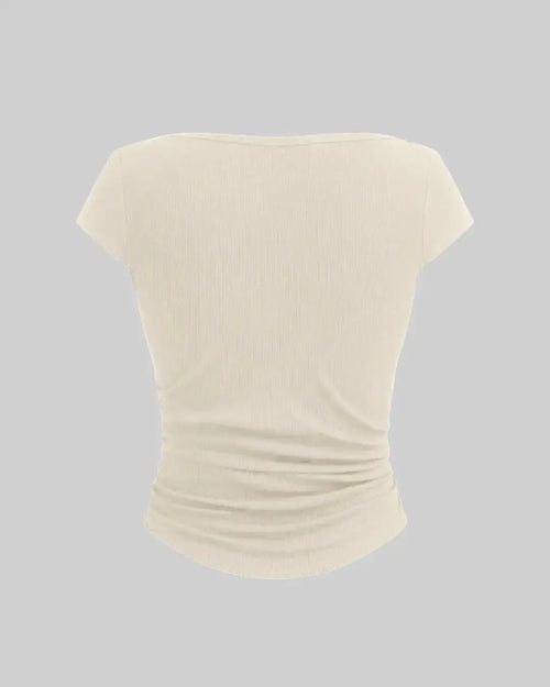 Boat Neck Solid Ruched Short Sleeve Apricot Top