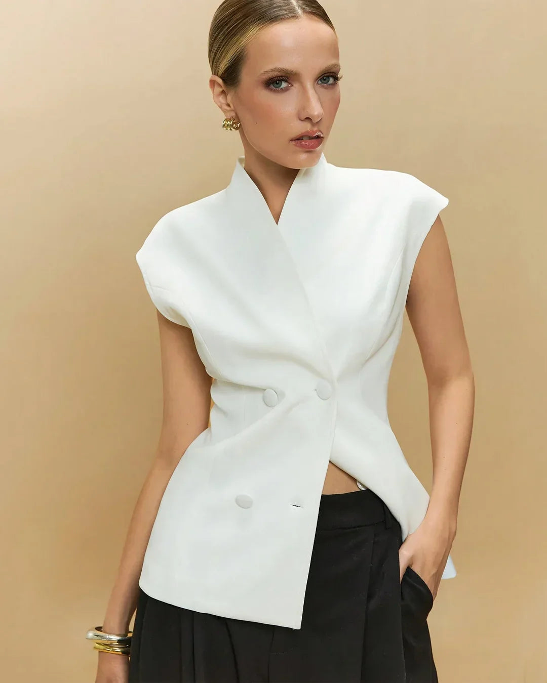 White Asymmetrical Buttoned Structured Waistcoat
