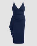 Navy Blue V Neck Ruched Slit Bodycon Maxi Dress Curve & Plus