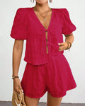Hot Pink Puff Sleeve Crop Top & High-Waist Shorts Co-Ord Set
