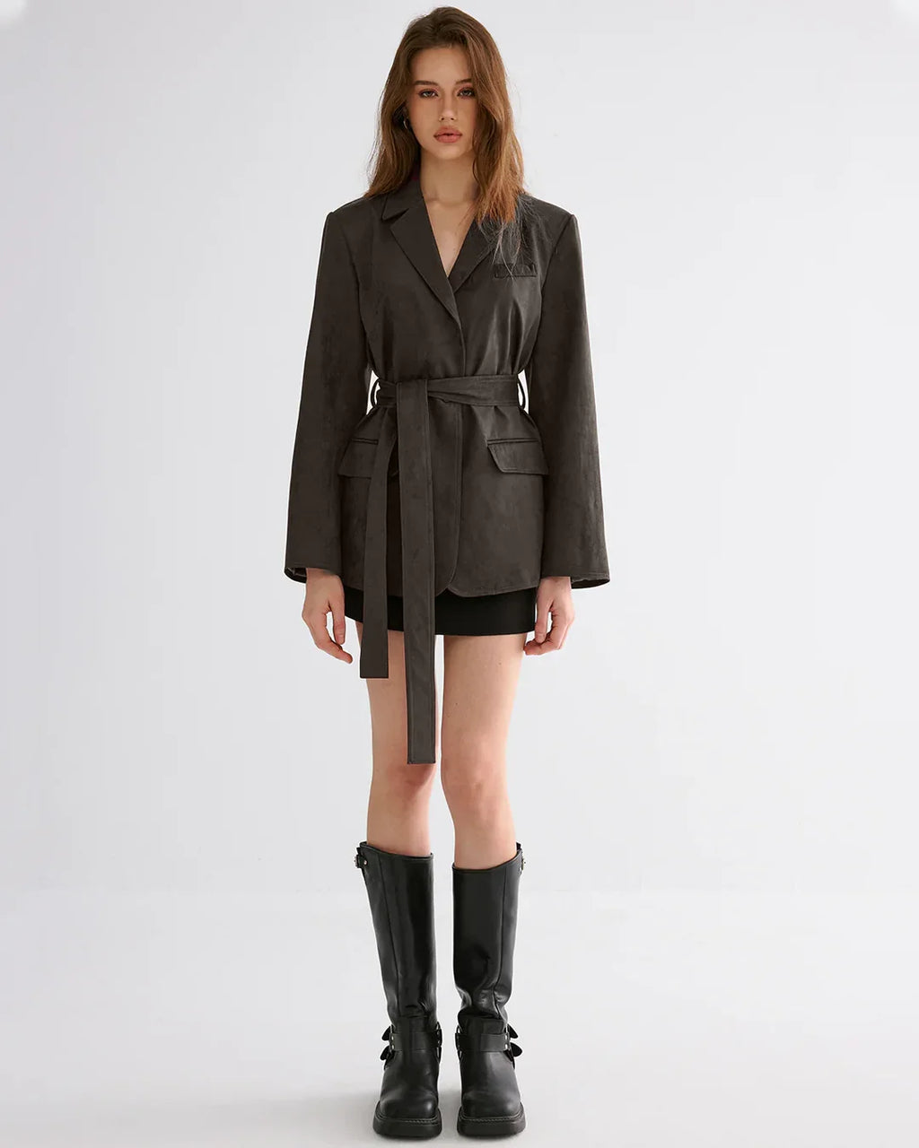 Minimal Belted Blazer in Brown