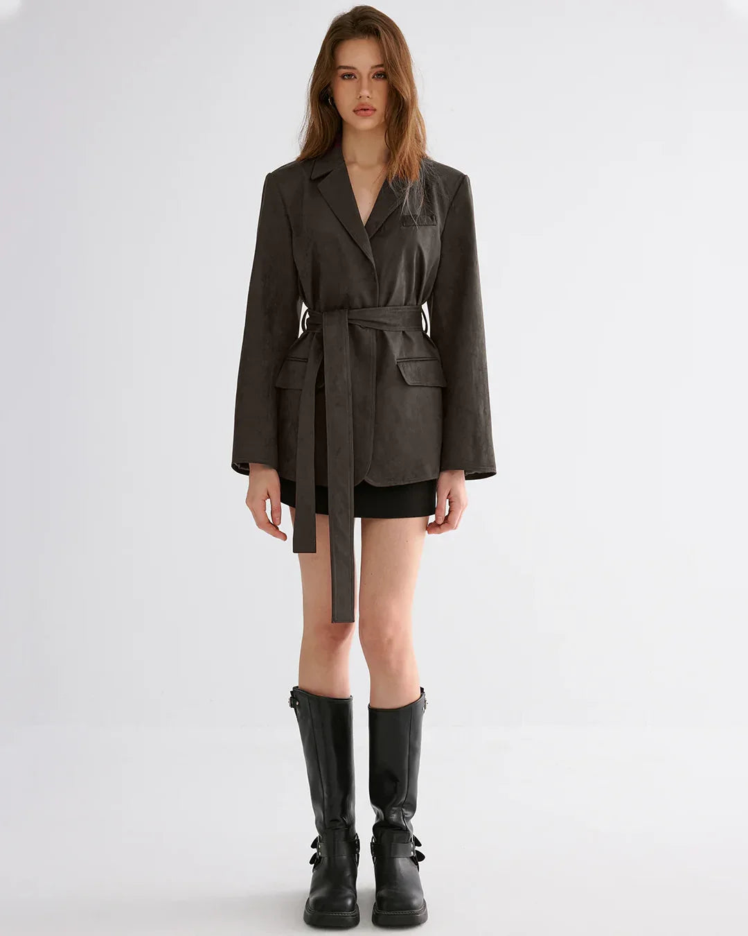 Minimal Belted Blazer in Brown