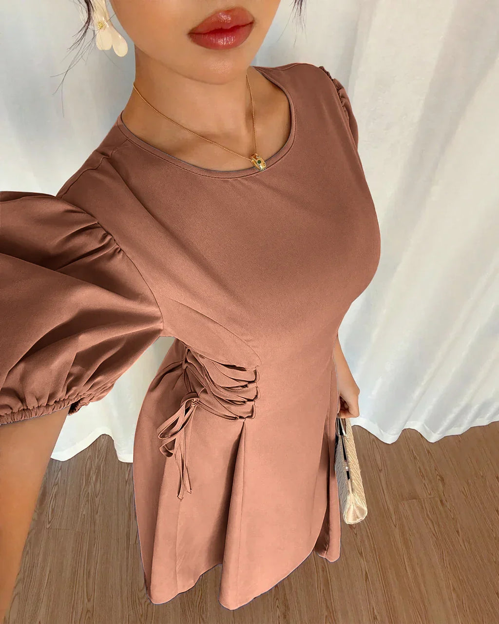 Mocha Puff Sleeve A-Line Midi Dress