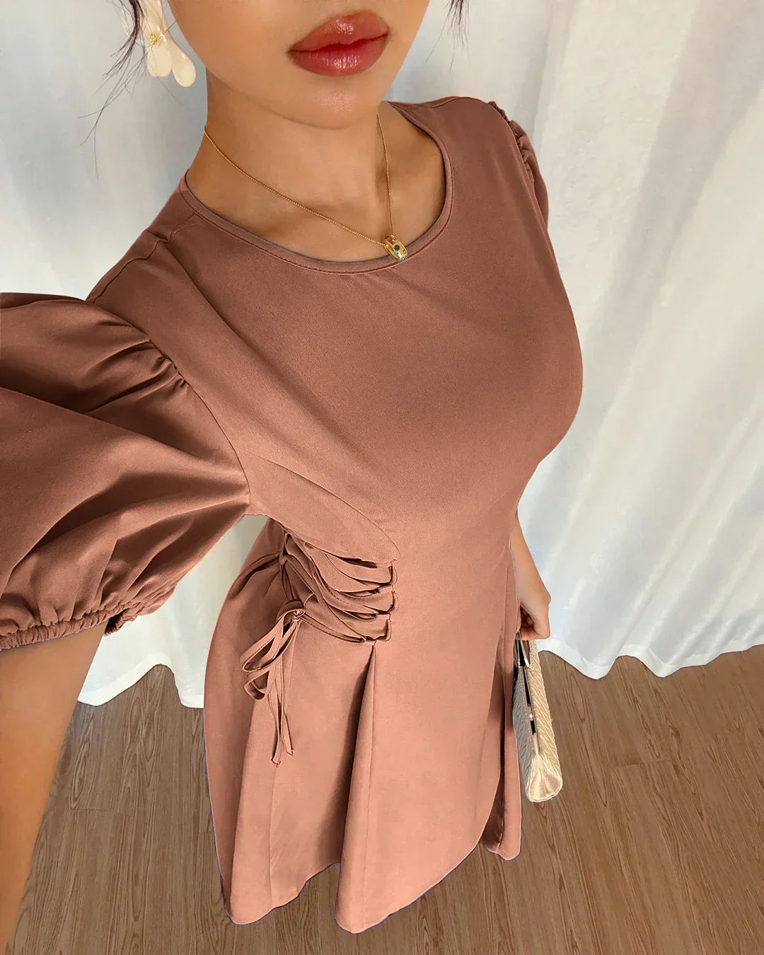 Mocha Puff Sleeve A-Line Midi Dress