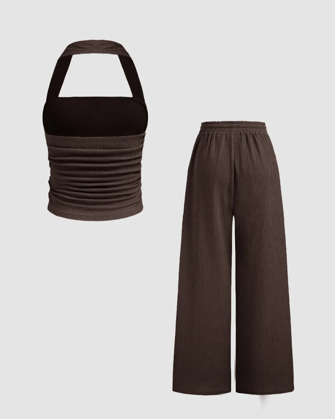Solid Color Back Cut Tank Top & Wide Leg Pants Set In Brown