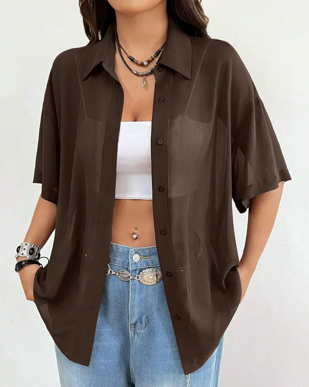 Sheer Button-Down Oversized Shirt in Coffee