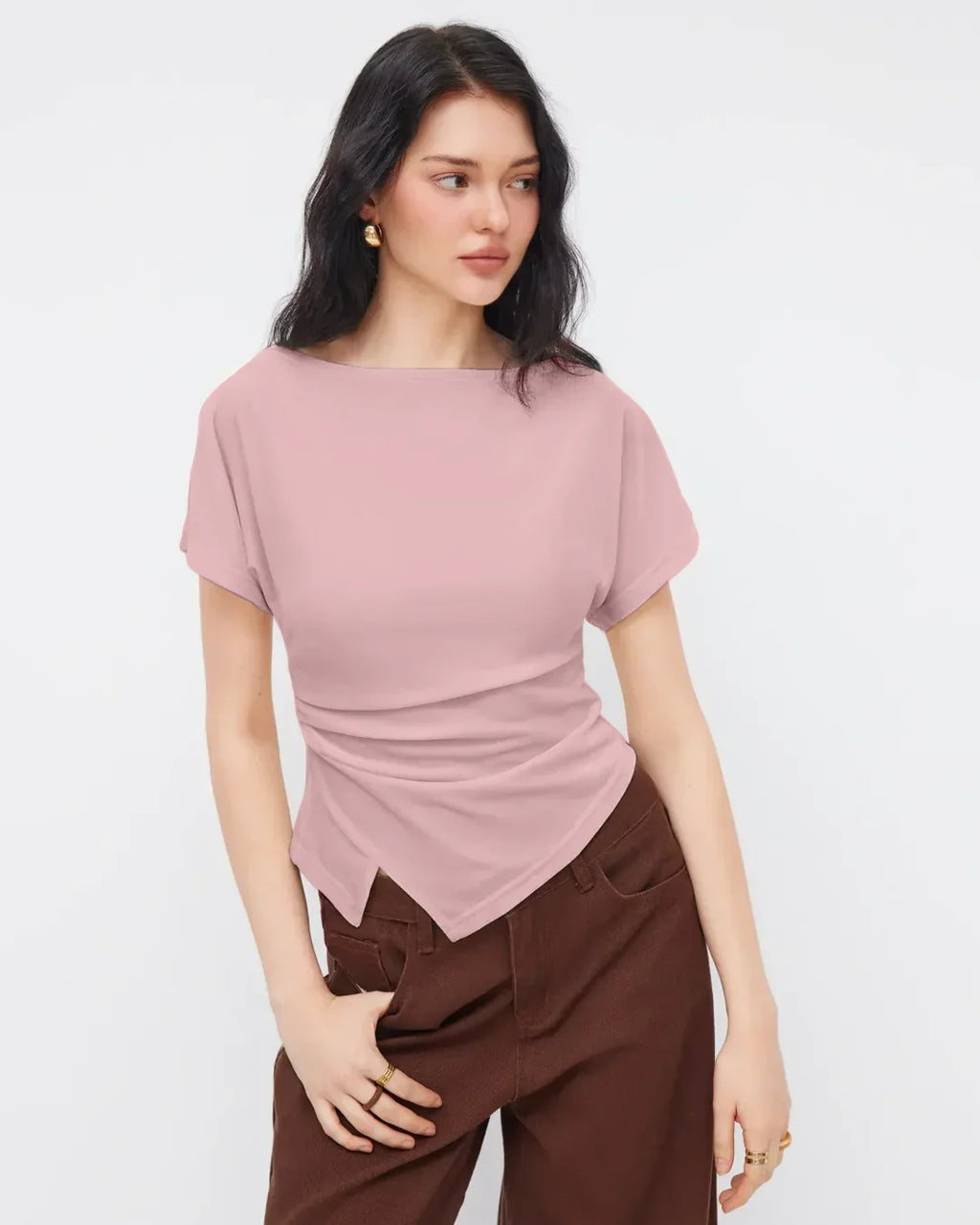 Ruched Side Asymmetrical Hem Top in Dusty Pink