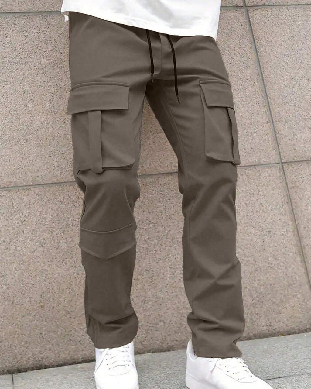 Men Solid Color Front Tie Pocket Simple Casual Straight Leg Cargo Pants