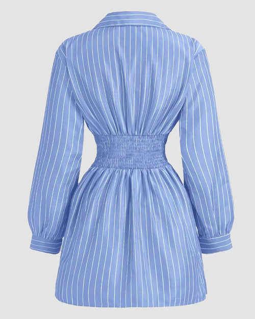 Blue Striped Wrap Front Collared Mini Dress