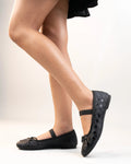 Mary Jane Cute Bow Round Toe Woven Ballerinas In Black