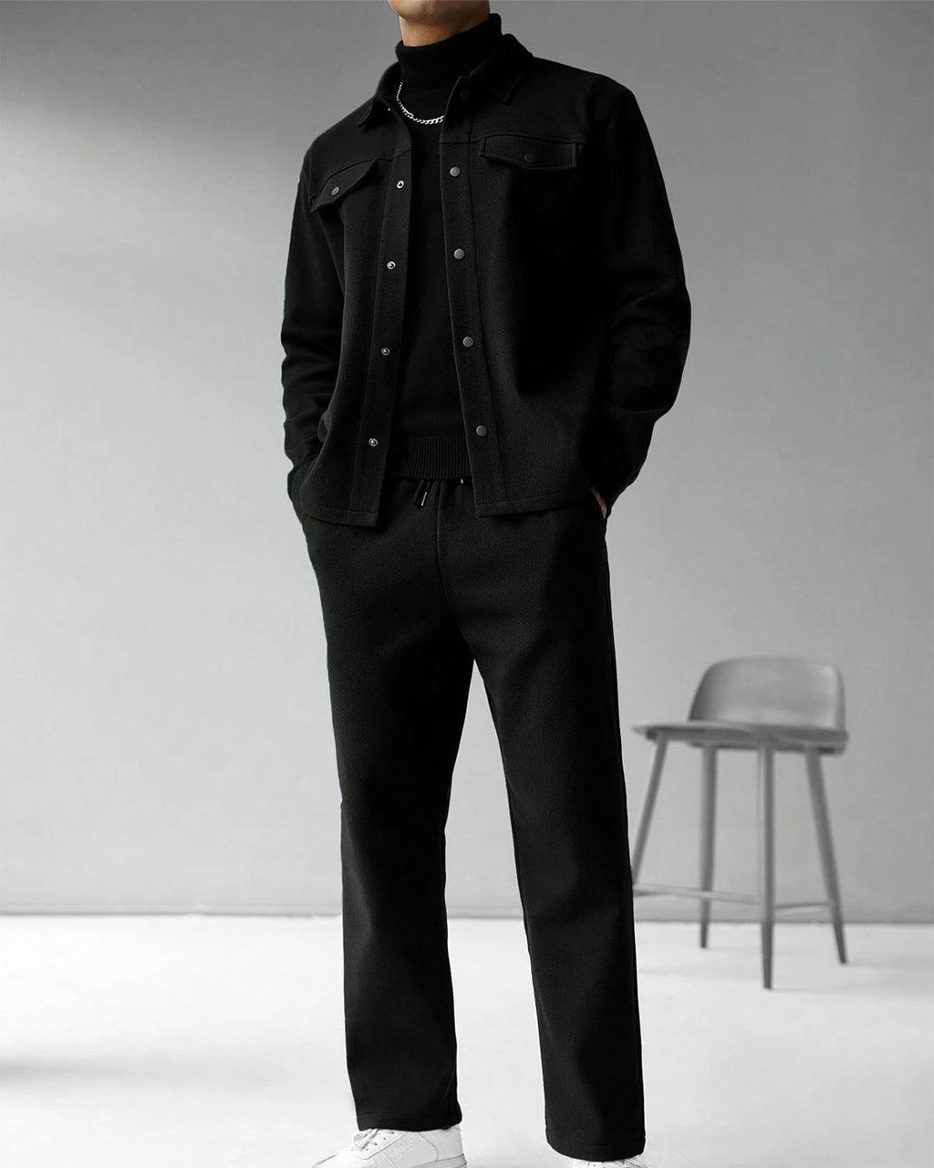 Men Solid Color Long Sleeve Single-Breasted Jacket And Pants Set