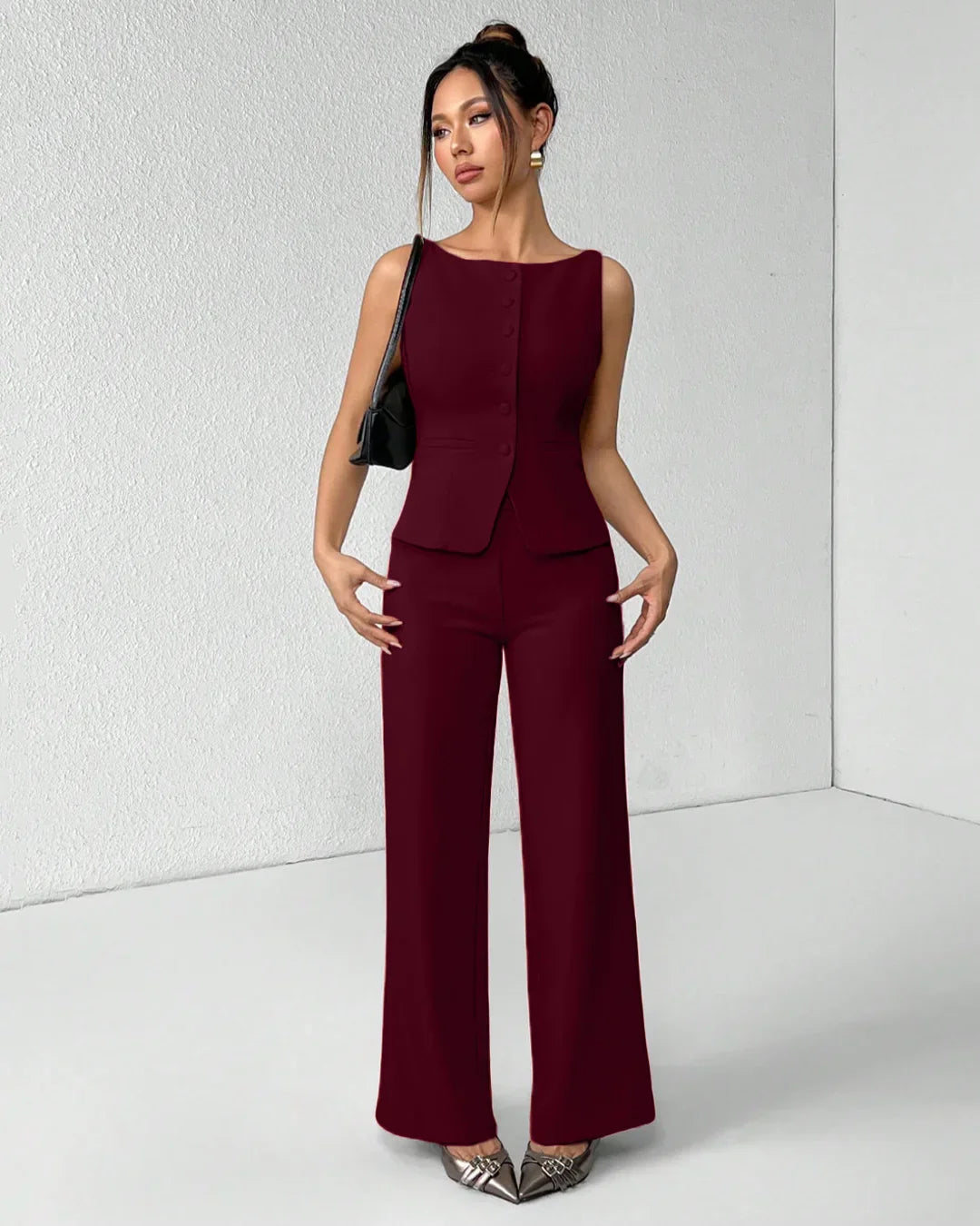Burgundy Sleeveless Button Vest & Wide-Leg Trousers Co-ords Set