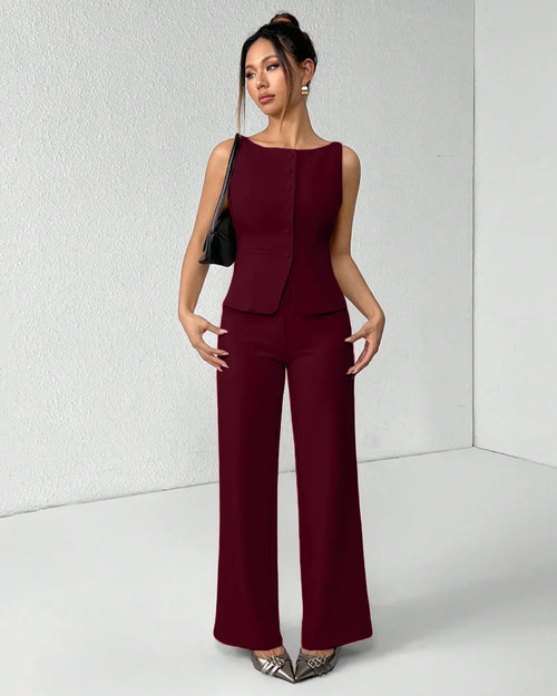 Burgundy Sleeveless Button Vest & Wide-Leg Trousers Co-ords Set