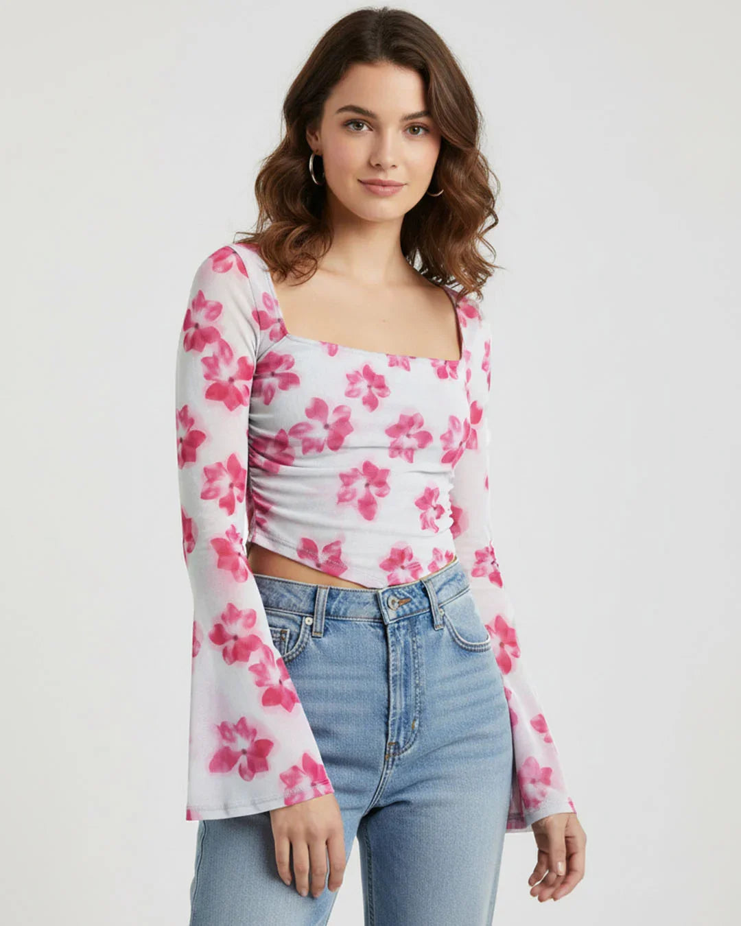White and Pink Floral Mesh Bell Sleeve Top