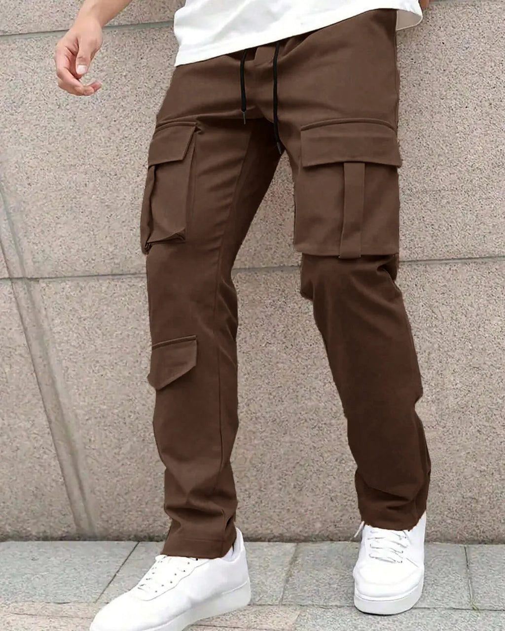 Men Solid Color Front Tie Pocket Simple Casual Straight Leg Cargo Pants In Chocolate Brown