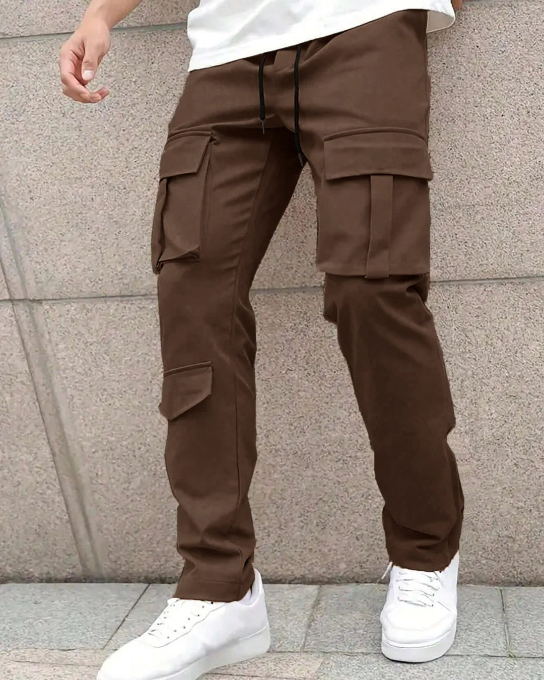 Men Solid Color Front Tie Pocket Simple Casual Straight Leg Cargo Pants In Chocolate Brown
